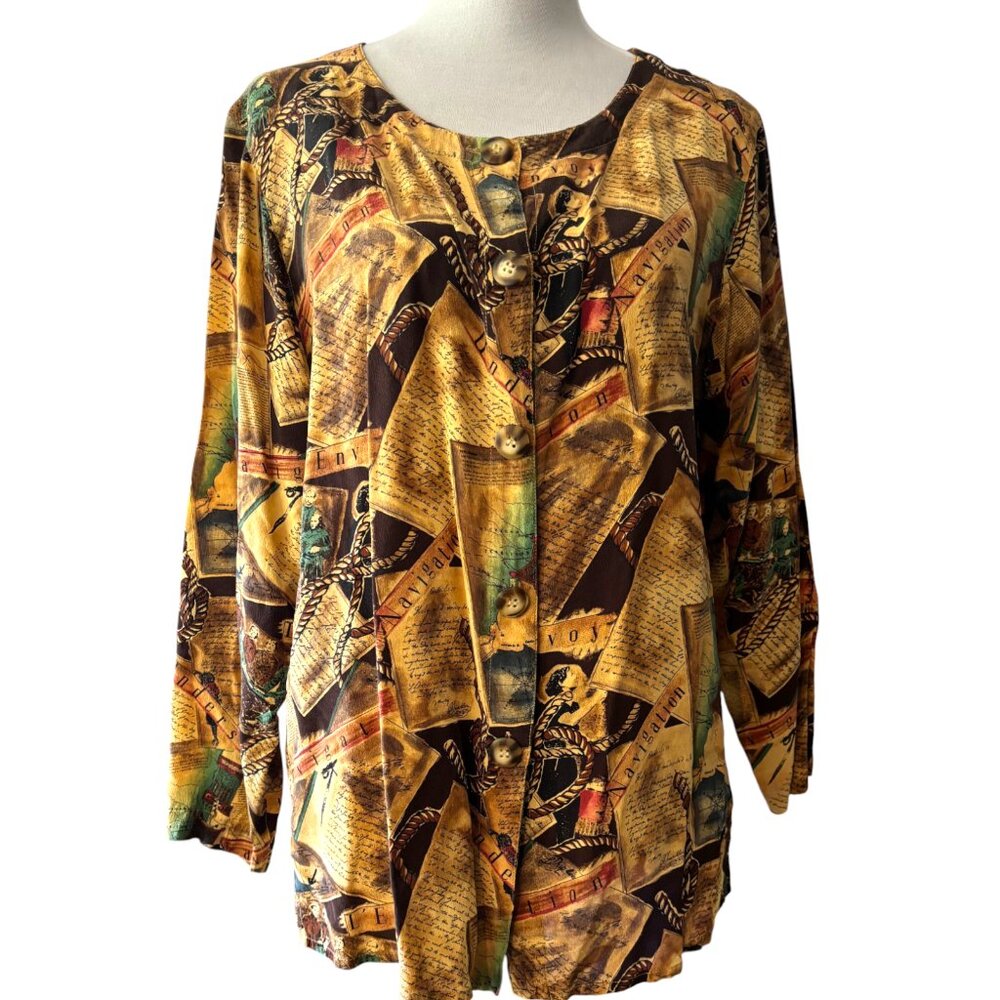 Auqust Silk Petites Vintage Navigation‎ theme Long Sleeve Button-up Blouse Sz PS